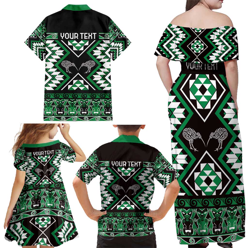 Personalised Taniko Motifs Aotearoa Family Matching Off Shoulder Maxi Dress and Hawaiian Shirt Waitangi Kowhaiwhai Kiwi - Green LT7 - Polynesian Pride