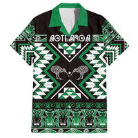Personalised Taniko Motifs Aotearoa Family Matching Off Shoulder Maxi Dress and Hawaiian Shirt Waitangi Kowhaiwhai Kiwi - Green LT7 Dad's Shirt - Short Sleeve Green - Polynesian Pride