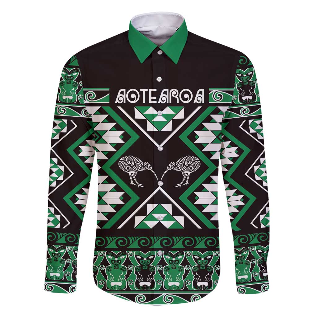 Personalised Taniko Motifs Aotearoa Family Matching Off Shoulder Maxi Dress and Hawaiian Shirt Waitangi Kowhaiwhai Kiwi - Green LT7 Dad's Shirt - Long Sleeve Green - Polynesian Pride