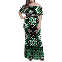 Personalised Taniko Motifs Aotearoa Family Matching Off Shoulder Maxi Dress and Hawaiian Shirt Waitangi Kowhaiwhai Kiwi - Green LT7 Mom's Dress Green - Polynesian Pride