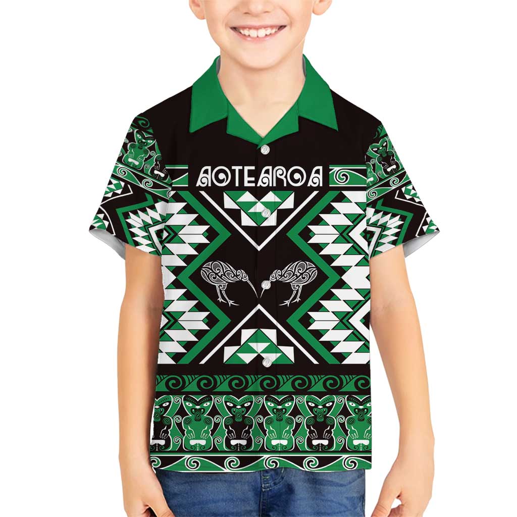 Personalised Taniko Motifs Aotearoa Family Matching Off Shoulder Maxi Dress and Hawaiian Shirt Waitangi Kowhaiwhai Kiwi - Green LT7 Son's Shirt Green - Polynesian Pride