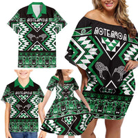 Personalised Taniko Motifs Aotearoa Family Matching Off Shoulder Short Dress and Hawaiian Shirt Waitangi Kowhaiwhai Kiwi - Green LT7 - Polynesian Pride