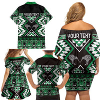 Personalised Taniko Motifs Aotearoa Family Matching Off Shoulder Short Dress and Hawaiian Shirt Waitangi Kowhaiwhai Kiwi - Green LT7 - Polynesian Pride