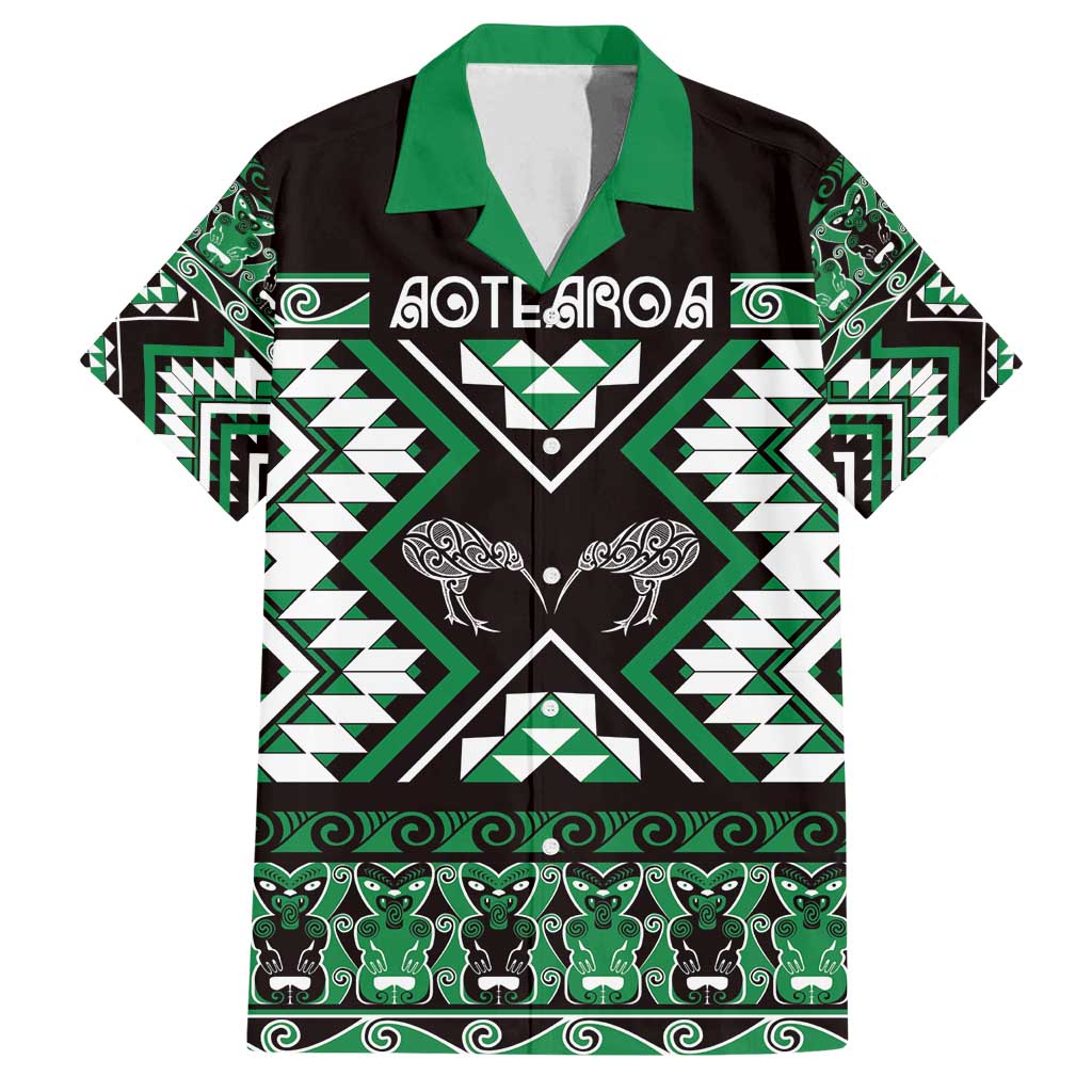 Personalised Taniko Motifs Aotearoa Family Matching Off Shoulder Short Dress and Hawaiian Shirt Waitangi Kowhaiwhai Kiwi - Green LT7 Dad's Shirt - Short Sleeve Green - Polynesian Pride