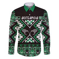 Personalised Taniko Motifs Aotearoa Family Matching Off Shoulder Short Dress and Hawaiian Shirt Waitangi Kowhaiwhai Kiwi - Green LT7 Dad's Shirt - Long Sleeve Green - Polynesian Pride