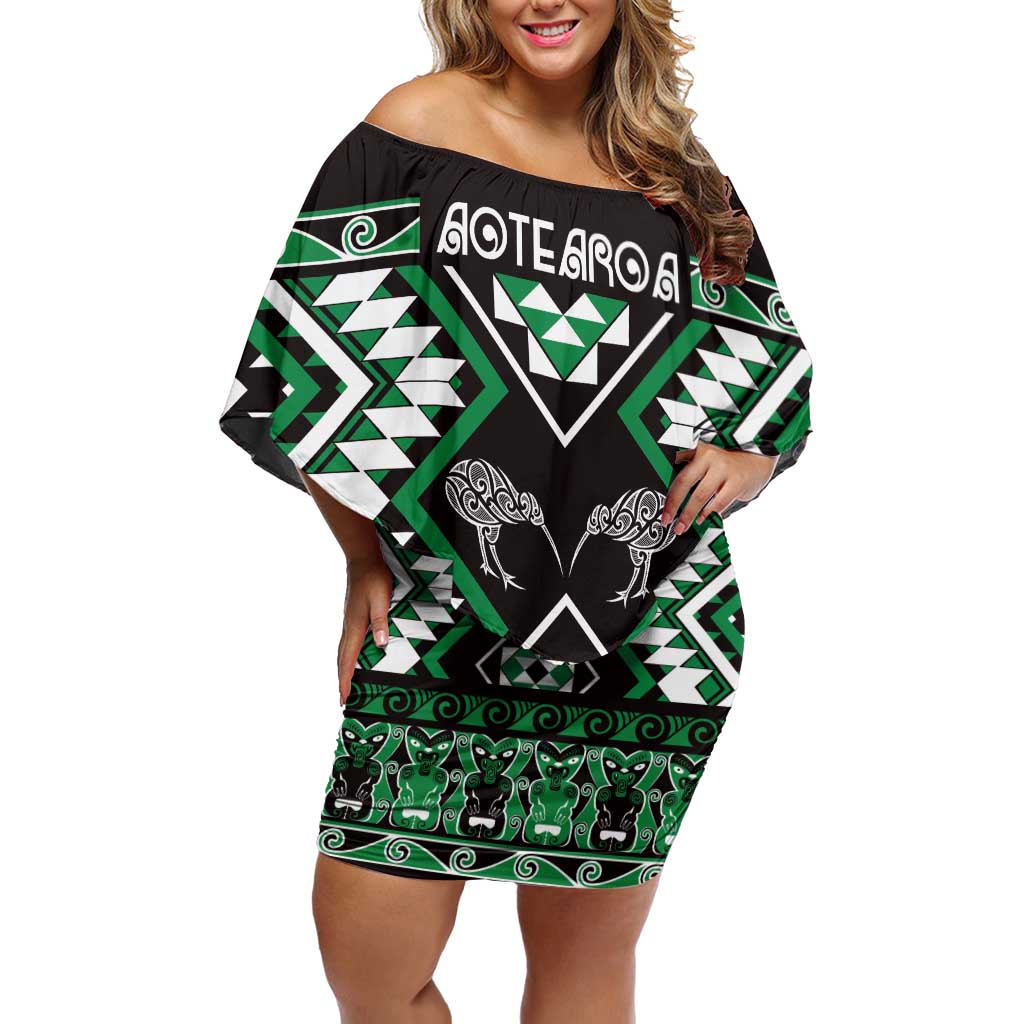 Personalised Taniko Motifs Aotearoa Family Matching Off Shoulder Short Dress and Hawaiian Shirt Waitangi Kowhaiwhai Kiwi - Green LT7 Mom's Dress Green - Polynesian Pride