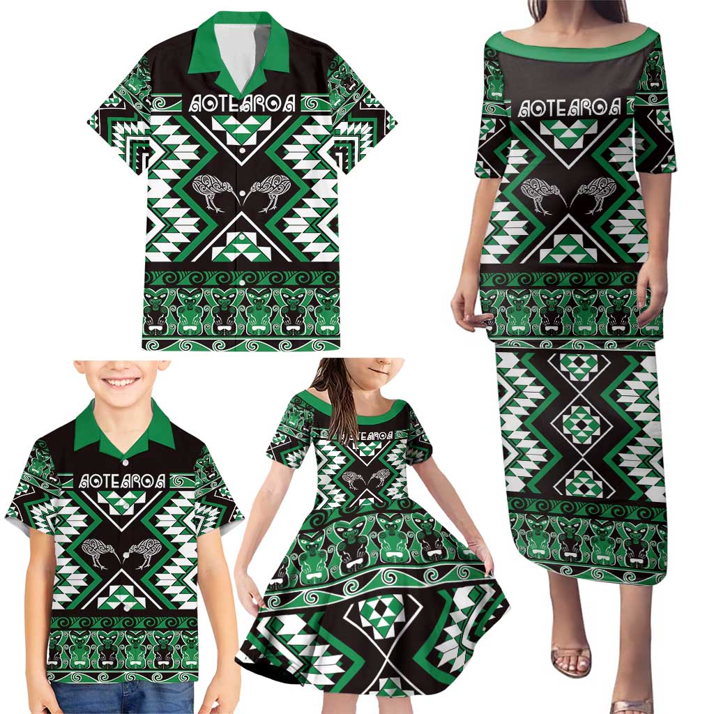 Personalised Taniko Motifs Aotearoa Family Matching Puletasi and Hawaiian Shirt Waitangi Kowhaiwhai Kiwi - Green LT7 - Polynesian Pride