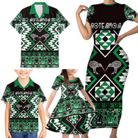 Personalised Taniko Motifs Aotearoa Family Matching Short Sleeve Bodycon Dress and Hawaiian Shirt Waitangi Kowhaiwhai Kiwi - Green LT7 - Polynesian Pride