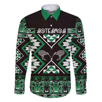 Personalised Taniko Motifs Aotearoa Family Matching Short Sleeve Bodycon Dress and Hawaiian Shirt Waitangi Kowhaiwhai Kiwi - Green LT7 Dad's Shirt - Long Sleeve Green - Polynesian Pride