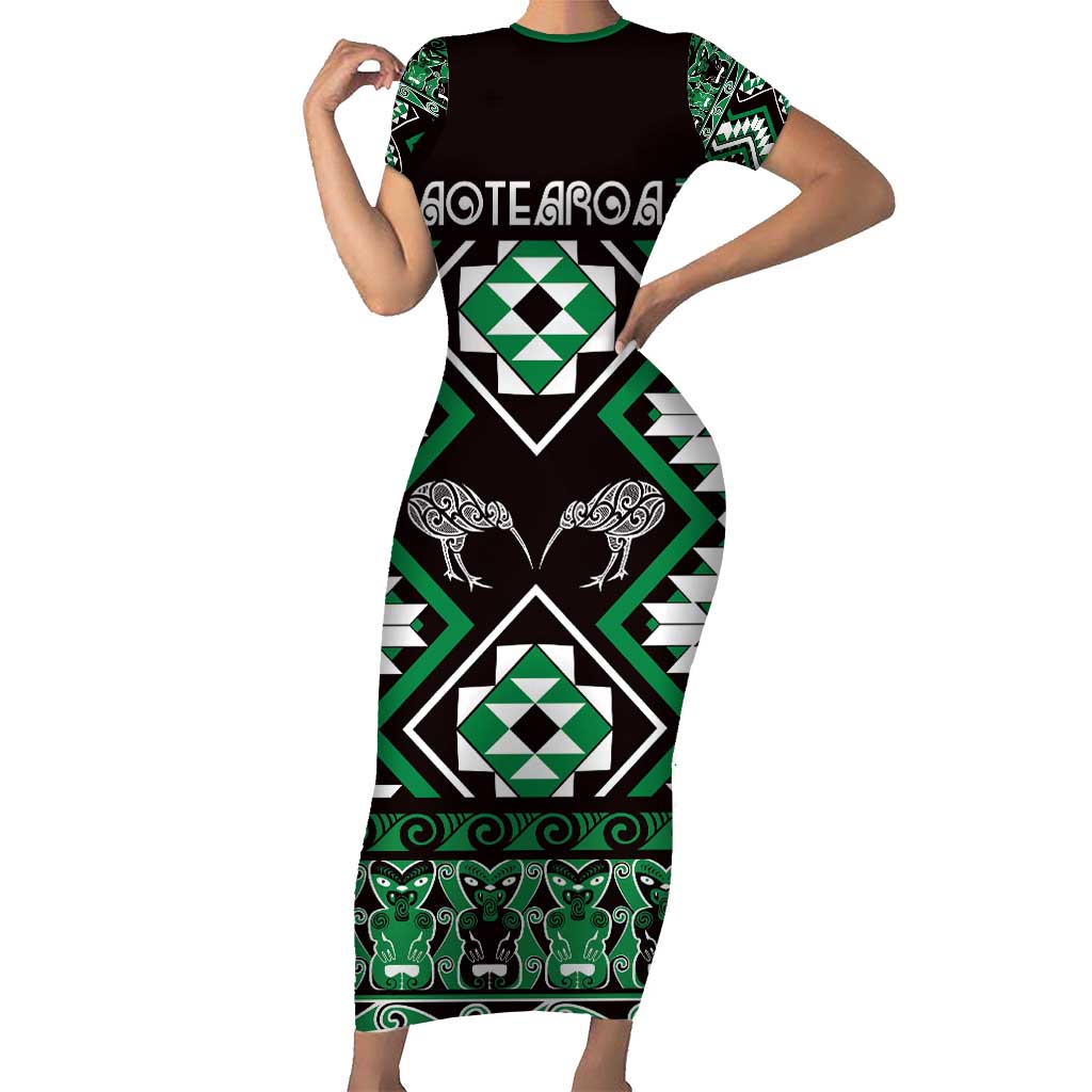 Personalised Taniko Motifs Aotearoa Family Matching Short Sleeve Bodycon Dress and Hawaiian Shirt Waitangi Kowhaiwhai Kiwi - Green LT7 Mom's Dress Green - Polynesian Pride