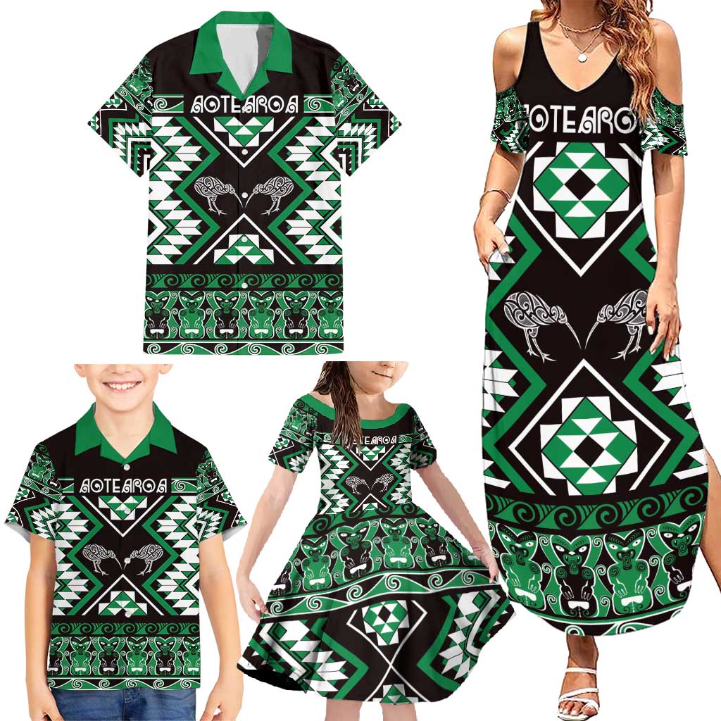 Personalised Taniko Motifs Aotearoa Family Matching Summer Maxi Dress and Hawaiian Shirt Waitangi Kowhaiwhai Kiwi - Green LT7 - Polynesian Pride