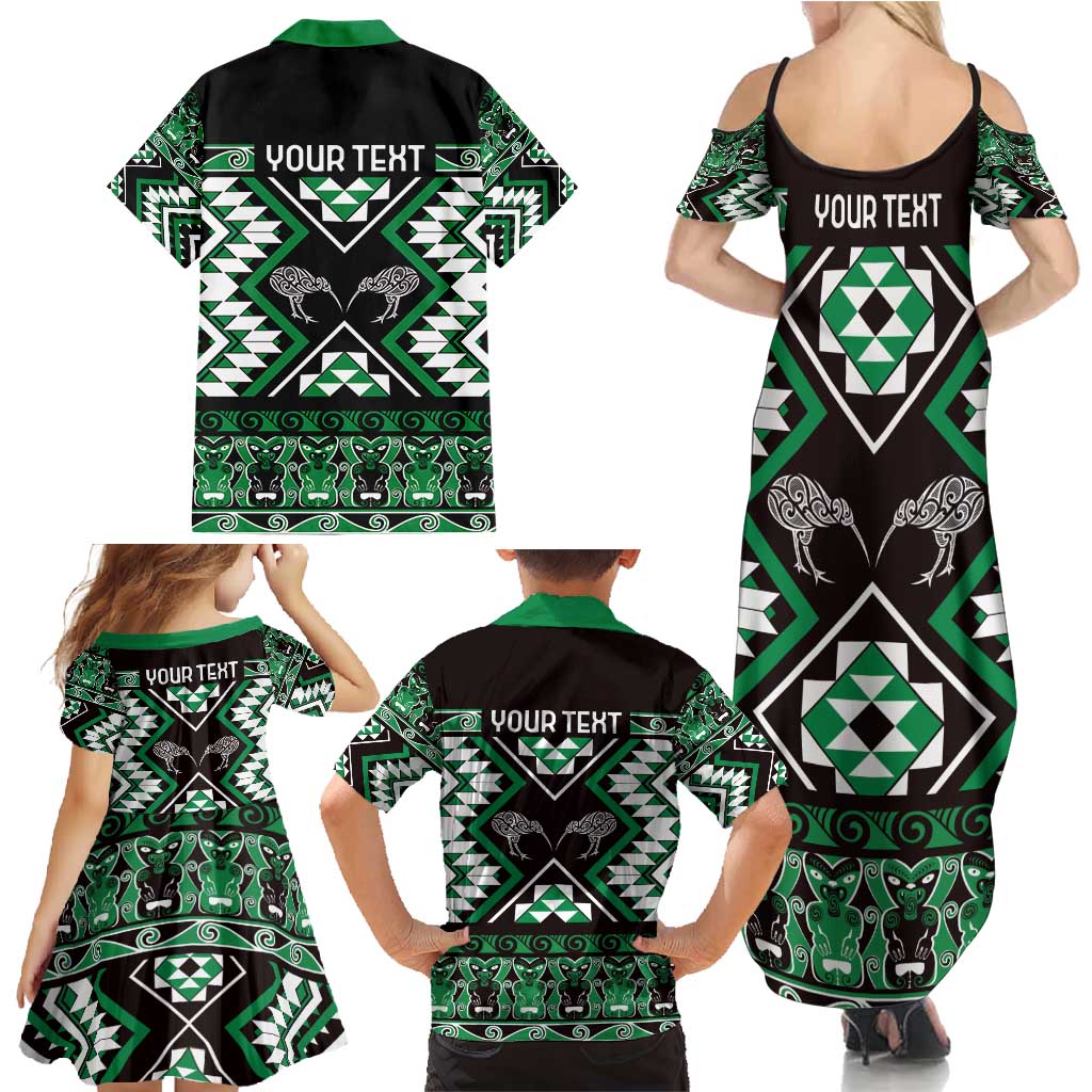 Personalised Taniko Motifs Aotearoa Family Matching Summer Maxi Dress and Hawaiian Shirt Waitangi Kowhaiwhai Kiwi - Green LT7 - Polynesian Pride