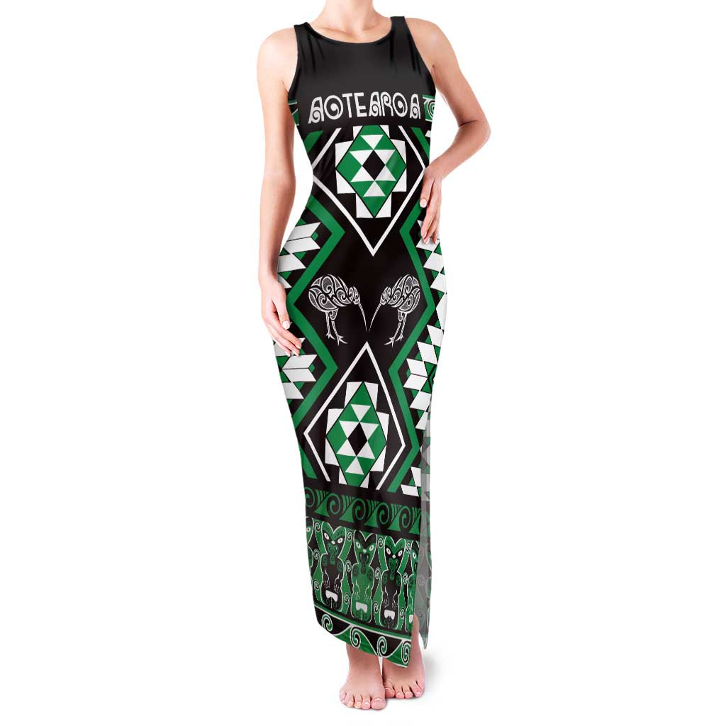 Personalised Taniko Motifs Aotearoa Family Matching Tank Maxi Dress and Hawaiian Shirt Waitangi Kowhaiwhai Kiwi - Green LT7 Mom's Dress Green - Polynesian Pride