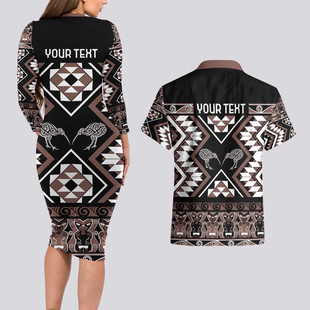 Personalised Taniko Motifs Aotearoa Couples Matching Long Sleeve Bodycon Dress and Hawaiian Shirt Waitangi Kowhaiwhai Kiwi - Mocha LT7 - Polynesian Pride