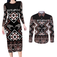 Personalised Taniko Motifs Aotearoa Couples Matching Long Sleeve Bodycon Dress and Long Sleeve Button Shirt Waitangi Kowhaiwhai Kiwi - Mocha LT7 Mocha - Polynesian Pride