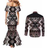 Personalised Taniko Motifs Aotearoa Couples Matching Mermaid Dress and Long Sleeve Button Shirt Waitangi Kowhaiwhai Kiwi - Mocha LT7 - Polynesian Pride