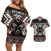 Personalised Taniko Motifs Aotearoa Couples Matching Off Shoulder Short Dress and Hawaiian Shirt Waitangi Kowhaiwhai Kiwi - Mocha LT7 Mocha - Polynesian Pride