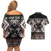 Personalised Taniko Motifs Aotearoa Couples Matching Off Shoulder Short Dress and Hawaiian Shirt Waitangi Kowhaiwhai Kiwi - Mocha LT7 - Polynesian Pride