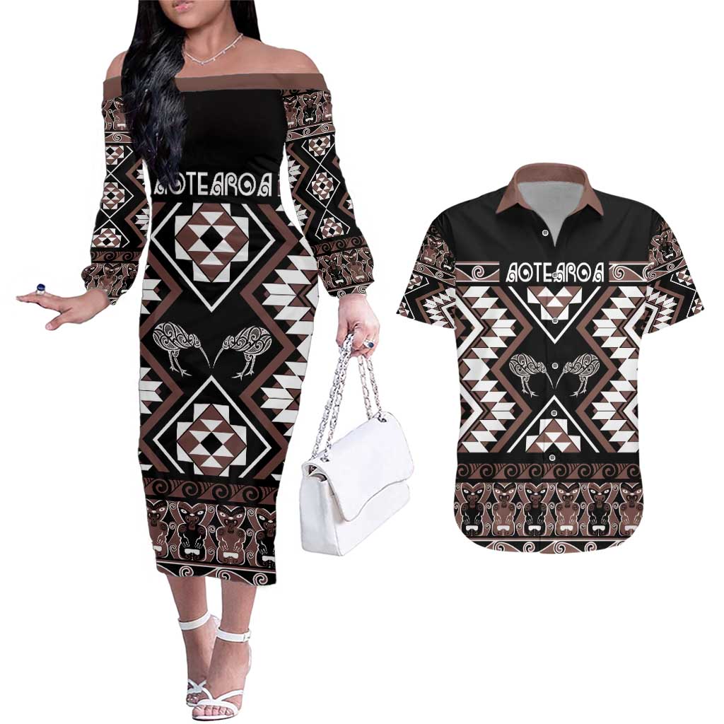Personalised Taniko Motifs Aotearoa Couples Matching Off The Shoulder Long Sleeve Dress and Hawaiian Shirt Waitangi Kowhaiwhai Kiwi - Mocha LT7 Mocha - Polynesian Pride