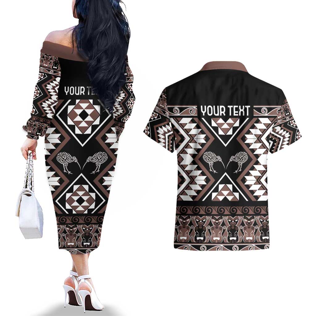 Personalised Taniko Motifs Aotearoa Couples Matching Off The Shoulder Long Sleeve Dress and Hawaiian Shirt Waitangi Kowhaiwhai Kiwi - Mocha LT7 - Polynesian Pride