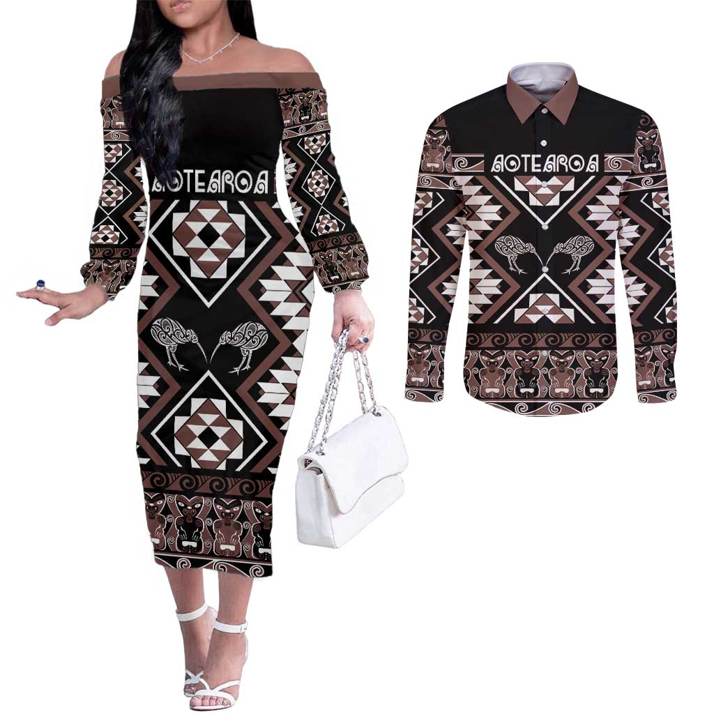 Personalised Taniko Motifs Aotearoa Couples Matching Off The Shoulder Long Sleeve Dress and Long Sleeve Button Shirt Waitangi Kowhaiwhai Kiwi - Mocha LT7 Mocha - Polynesian Pride