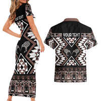 Personalised Taniko Motifs Aotearoa Couples Matching Short Sleeve Bodycon Dress and Hawaiian Shirt Waitangi Kowhaiwhai Kiwi - Mocha LT7 - Polynesian Pride