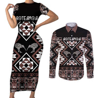 Personalised Taniko Motifs Aotearoa Couples Matching Short Sleeve Bodycon Dress and Long Sleeve Button Shirt Waitangi Kowhaiwhai Kiwi - Mocha LT7 Mocha - Polynesian Pride