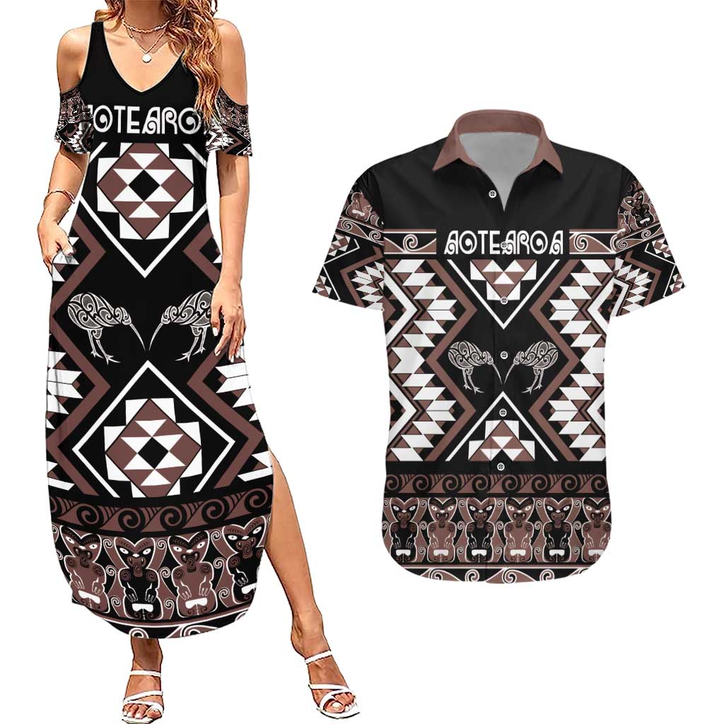 Personalised Taniko Motifs Aotearoa Couples Matching Summer Maxi Dress and Hawaiian Shirt Waitangi Kowhaiwhai Kiwi - Mocha LT7 Mocha - Polynesian Pride