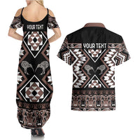 Personalised Taniko Motifs Aotearoa Couples Matching Summer Maxi Dress and Hawaiian Shirt Waitangi Kowhaiwhai Kiwi - Mocha LT7 - Polynesian Pride