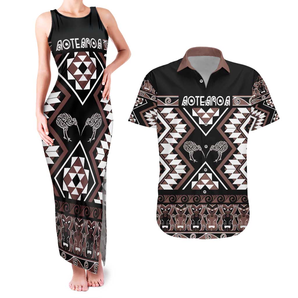 Personalised Taniko Motifs Aotearoa Couples Matching Tank Maxi Dress and Hawaiian Shirt Waitangi Kowhaiwhai Kiwi - Mocha LT7 Mocha - Polynesian Pride