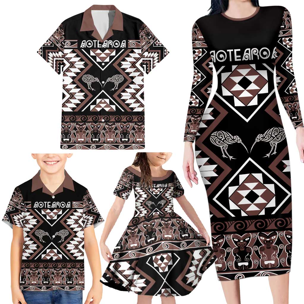 Personalised Taniko Motifs Aotearoa Family Matching Long Sleeve Bodycon Dress and Hawaiian Shirt Waitangi Kowhaiwhai Kiwi - Mocha LT7 - Polynesian Pride