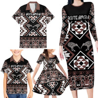 Personalised Taniko Motifs Aotearoa Family Matching Long Sleeve Bodycon Dress and Hawaiian Shirt Waitangi Kowhaiwhai Kiwi - Mocha LT7 - Polynesian Pride