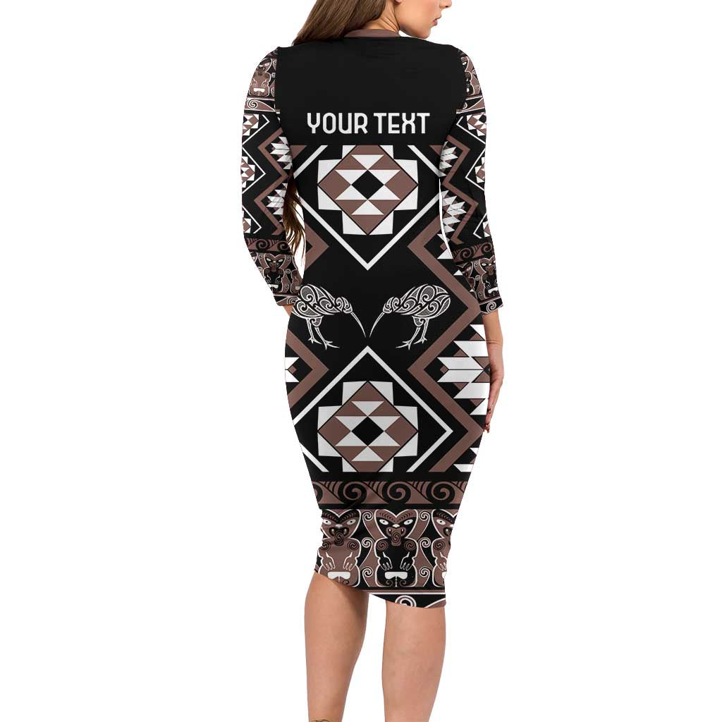 Personalised Taniko Motifs Aotearoa Family Matching Long Sleeve Bodycon Dress and Hawaiian Shirt Waitangi Kowhaiwhai Kiwi - Mocha LT7 - Polynesian Pride