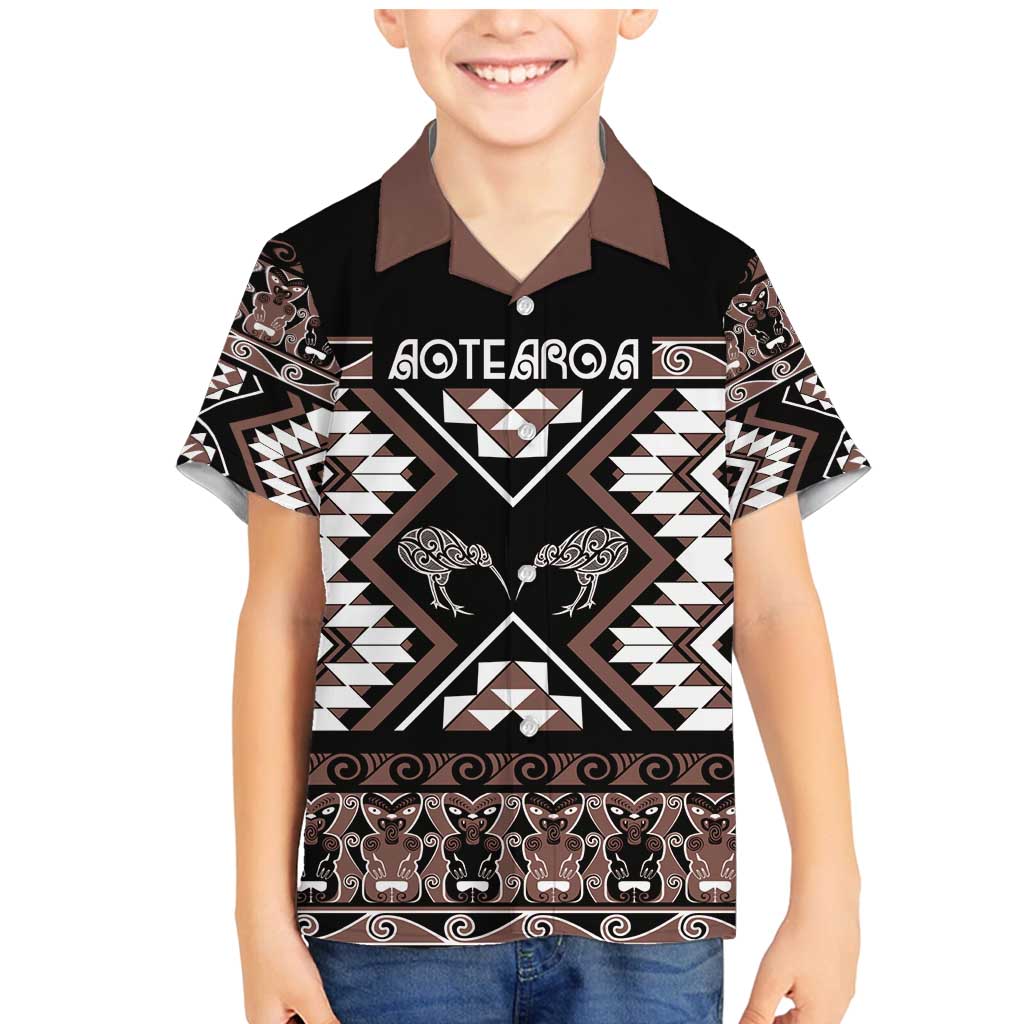 Personalised Taniko Motifs Aotearoa Family Matching Mermaid Dress and Hawaiian Shirt Waitangi Kowhaiwhai Kiwi - Mocha LT7 Son's Shirt Mocha - Polynesian Pride