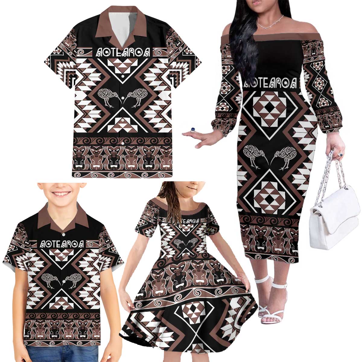 Personalised Taniko Motifs Aotearoa Family Matching Off The Shoulder Long Sleeve Dress and Hawaiian Shirt Waitangi Kowhaiwhai Kiwi - Mocha LT7 - Polynesian Pride