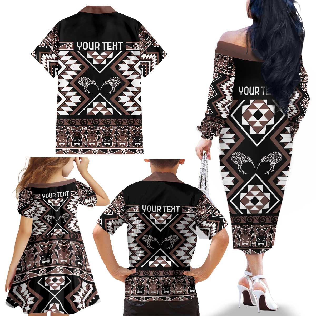 Personalised Taniko Motifs Aotearoa Family Matching Off The Shoulder Long Sleeve Dress and Hawaiian Shirt Waitangi Kowhaiwhai Kiwi - Mocha LT7 - Polynesian Pride