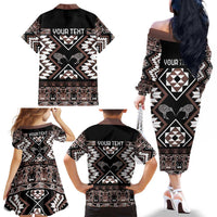 Personalised Taniko Motifs Aotearoa Family Matching Off The Shoulder Long Sleeve Dress and Hawaiian Shirt Waitangi Kowhaiwhai Kiwi - Mocha LT7 - Polynesian Pride
