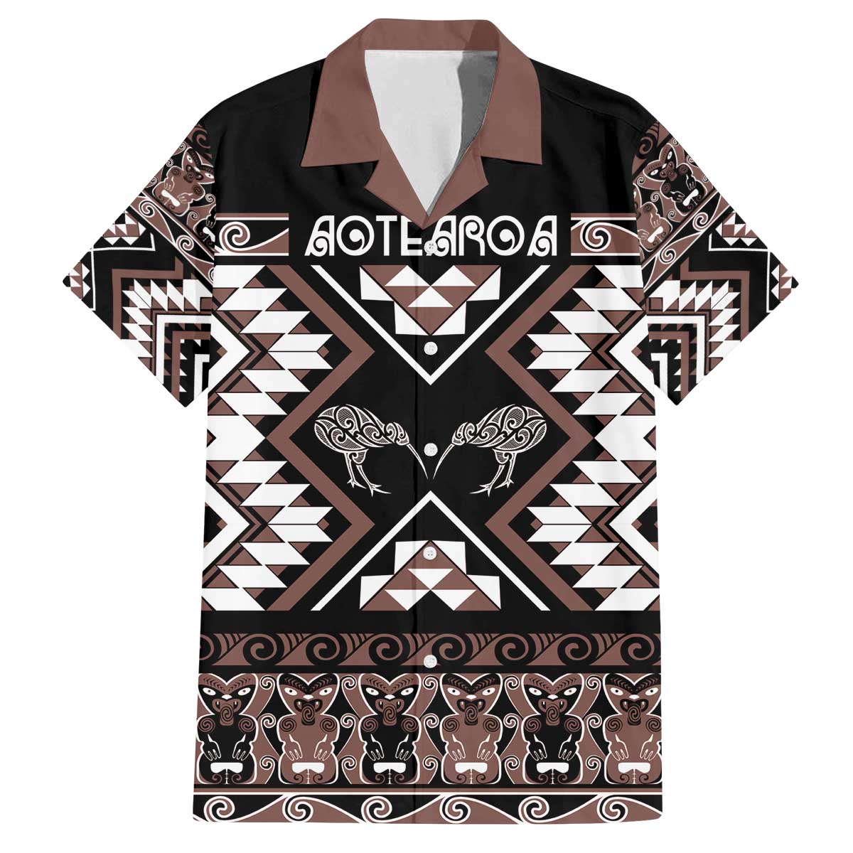 Personalised Taniko Motifs Aotearoa Family Matching Off The Shoulder Long Sleeve Dress and Hawaiian Shirt Waitangi Kowhaiwhai Kiwi - Mocha LT7 Dad's Shirt - Short Sleeve Mocha - Polynesian Pride