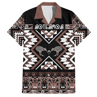 Personalised Taniko Motifs Aotearoa Family Matching Off The Shoulder Long Sleeve Dress and Hawaiian Shirt Waitangi Kowhaiwhai Kiwi - Mocha LT7 Dad's Shirt - Short Sleeve Mocha - Polynesian Pride