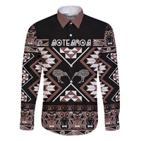 Personalised Taniko Motifs Aotearoa Family Matching Off The Shoulder Long Sleeve Dress and Hawaiian Shirt Waitangi Kowhaiwhai Kiwi - Mocha LT7 Dad's Shirt - Long Sleeve Mocha - Polynesian Pride