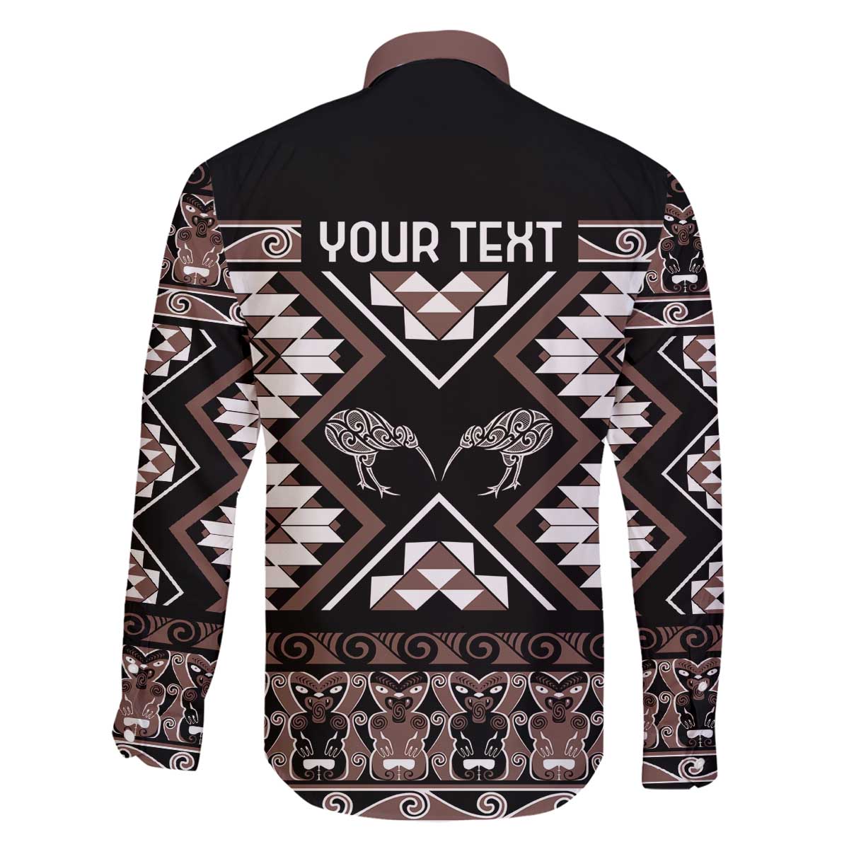 Personalised Taniko Motifs Aotearoa Family Matching Off The Shoulder Long Sleeve Dress and Hawaiian Shirt Waitangi Kowhaiwhai Kiwi - Mocha LT7 - Polynesian Pride