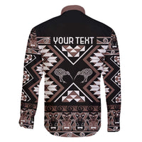 Personalised Taniko Motifs Aotearoa Family Matching Off The Shoulder Long Sleeve Dress and Hawaiian Shirt Waitangi Kowhaiwhai Kiwi - Mocha LT7 - Polynesian Pride