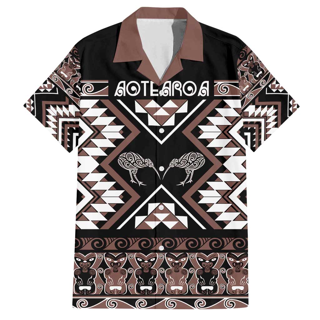 Personalised Taniko Motifs Aotearoa Family Matching Off Shoulder Maxi Dress and Hawaiian Shirt Waitangi Kowhaiwhai Kiwi - Mocha LT7 Dad's Shirt - Short Sleeve Mocha - Polynesian Pride