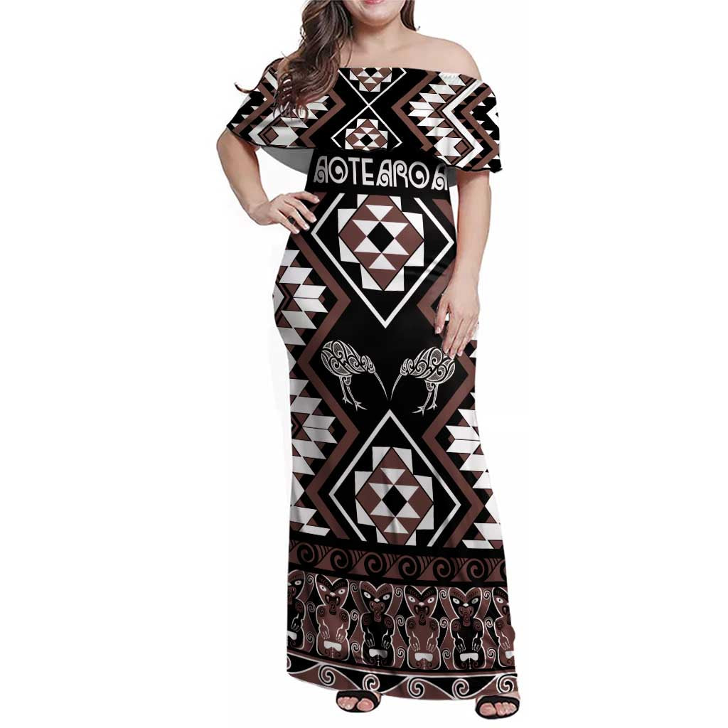 Personalised Taniko Motifs Aotearoa Family Matching Off Shoulder Maxi Dress and Hawaiian Shirt Waitangi Kowhaiwhai Kiwi - Mocha LT7 Mom's Dress Mocha - Polynesian Pride