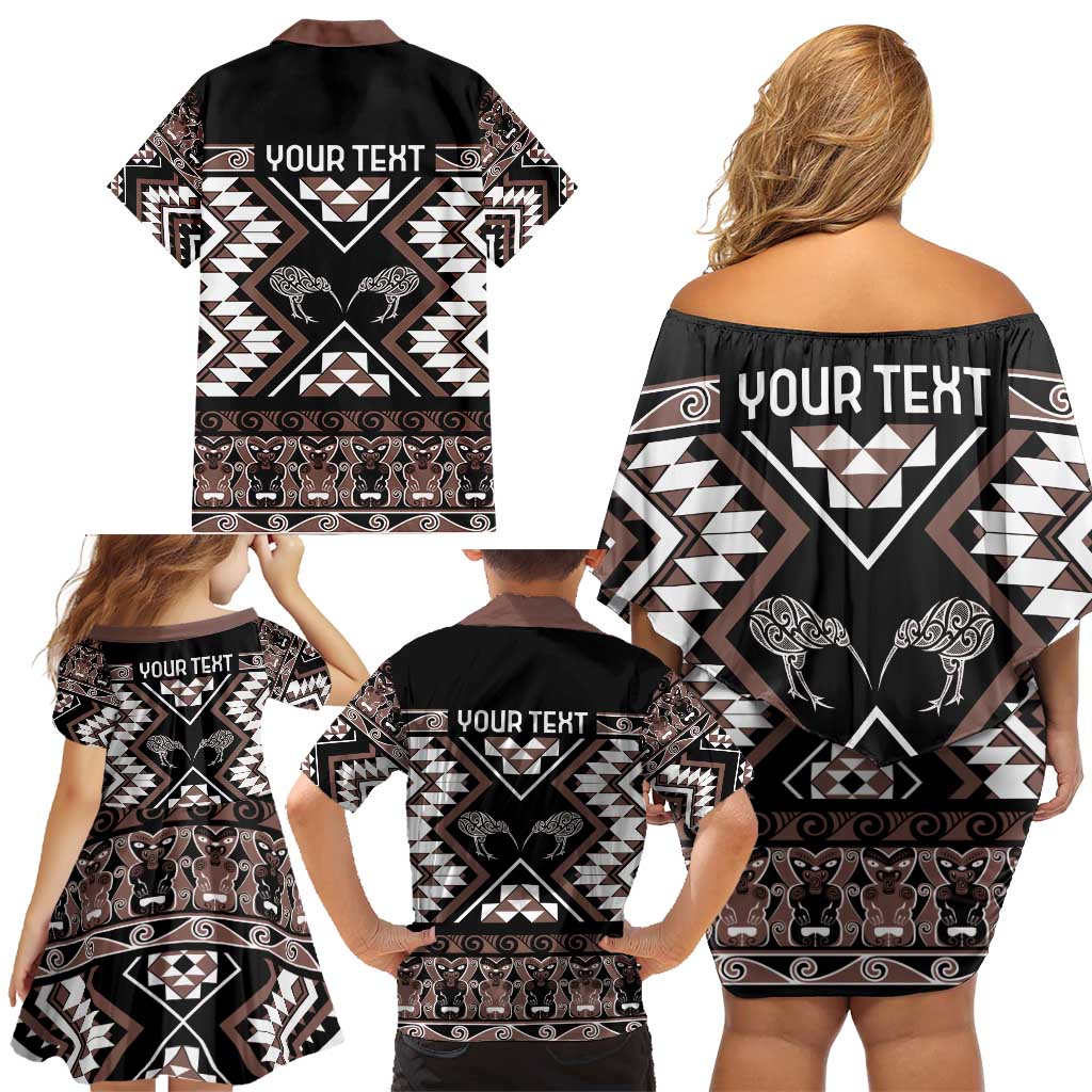 Personalised Taniko Motifs Aotearoa Family Matching Off Shoulder Short Dress and Hawaiian Shirt Waitangi Kowhaiwhai Kiwi - Mocha LT7 - Polynesian Pride