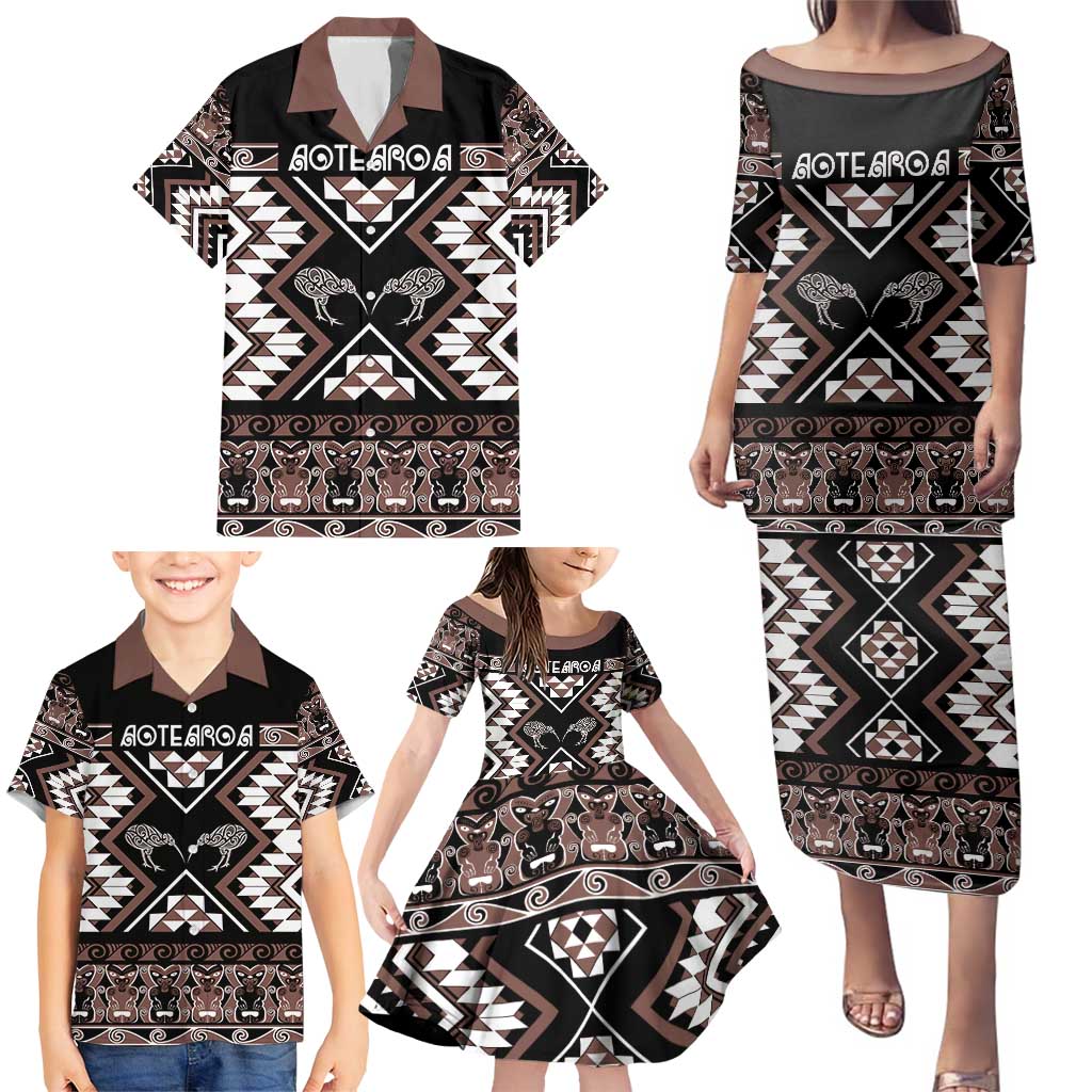 Personalised Taniko Motifs Aotearoa Family Matching Puletasi and Hawaiian Shirt Waitangi Kowhaiwhai Kiwi - Mocha LT7 - Polynesian Pride