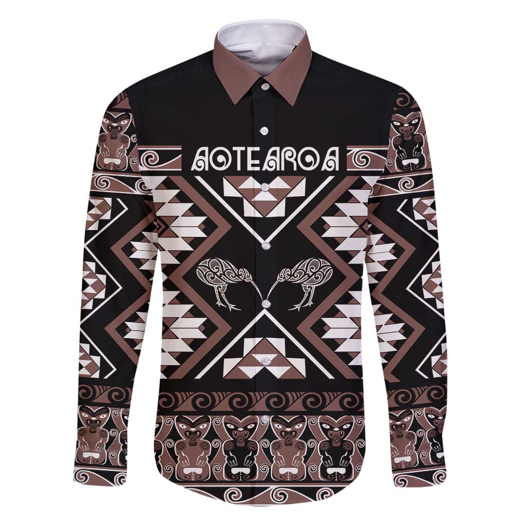 Personalised Taniko Motifs Aotearoa Family Matching Puletasi and Hawaiian Shirt Waitangi Kowhaiwhai Kiwi - Mocha LT7 Dad's Shirt - Long Sleeve Mocha - Polynesian Pride