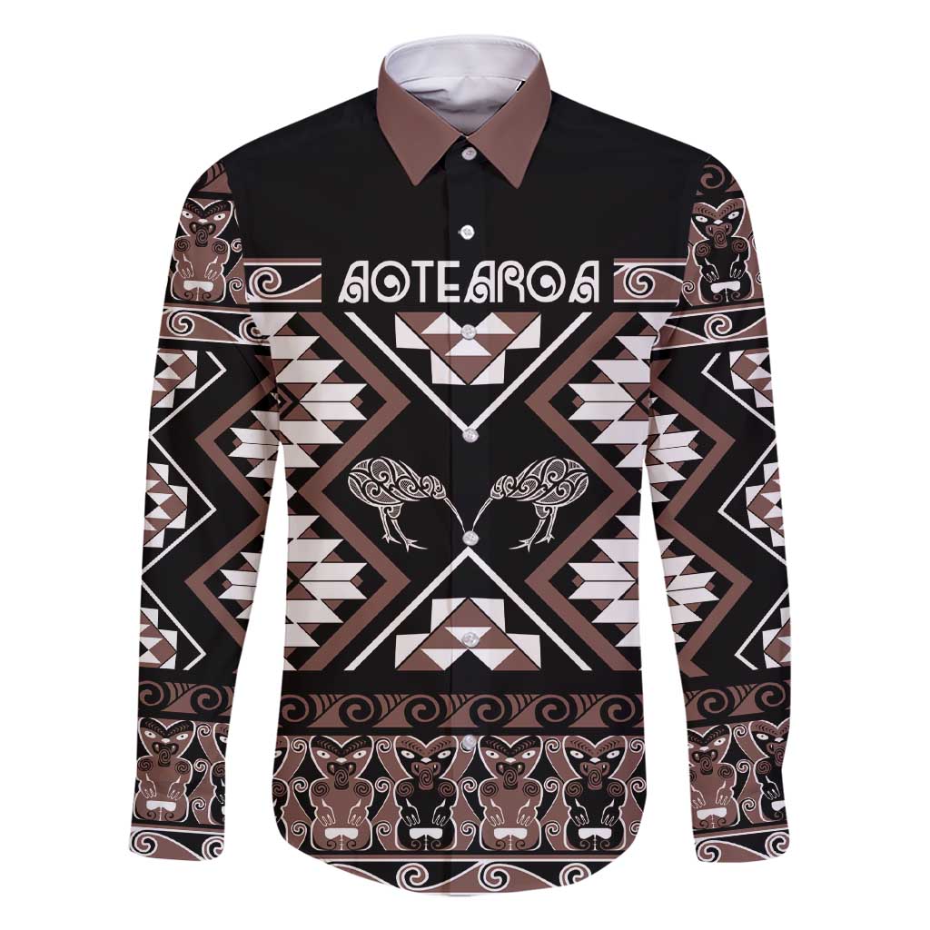 Personalised Taniko Motifs Aotearoa Family Matching Short Sleeve Bodycon Dress and Hawaiian Shirt Waitangi Kowhaiwhai Kiwi - Mocha LT7 Dad's Shirt - Long Sleeve Mocha - Polynesian Pride