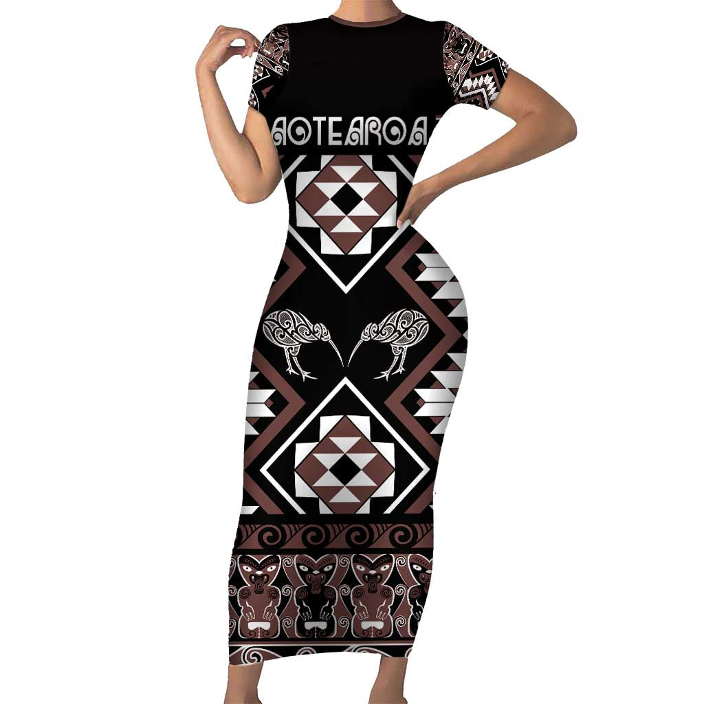 Personalised Taniko Motifs Aotearoa Family Matching Short Sleeve Bodycon Dress and Hawaiian Shirt Waitangi Kowhaiwhai Kiwi - Mocha LT7 Mom's Dress Mocha - Polynesian Pride