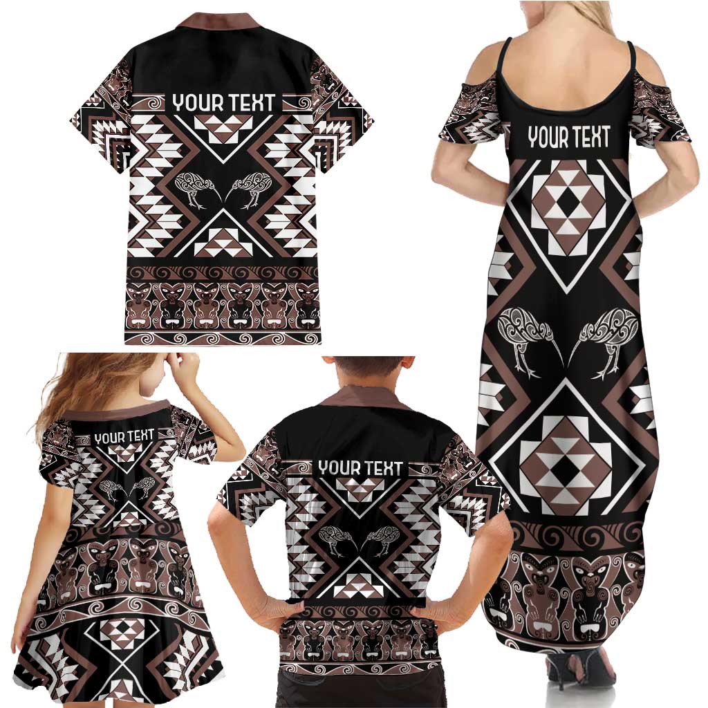 Personalised Taniko Motifs Aotearoa Family Matching Summer Maxi Dress and Hawaiian Shirt Waitangi Kowhaiwhai Kiwi - Mocha LT7 - Polynesian Pride